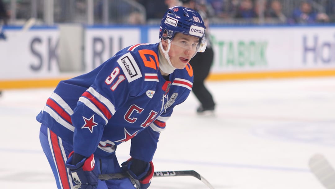 Ivan Demidov (91) of SKA Hockey Club seen in action during...