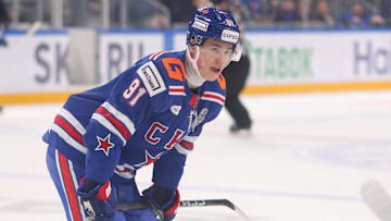 Ivan Demidov (91) of SKA Hockey Club seen in action during...
