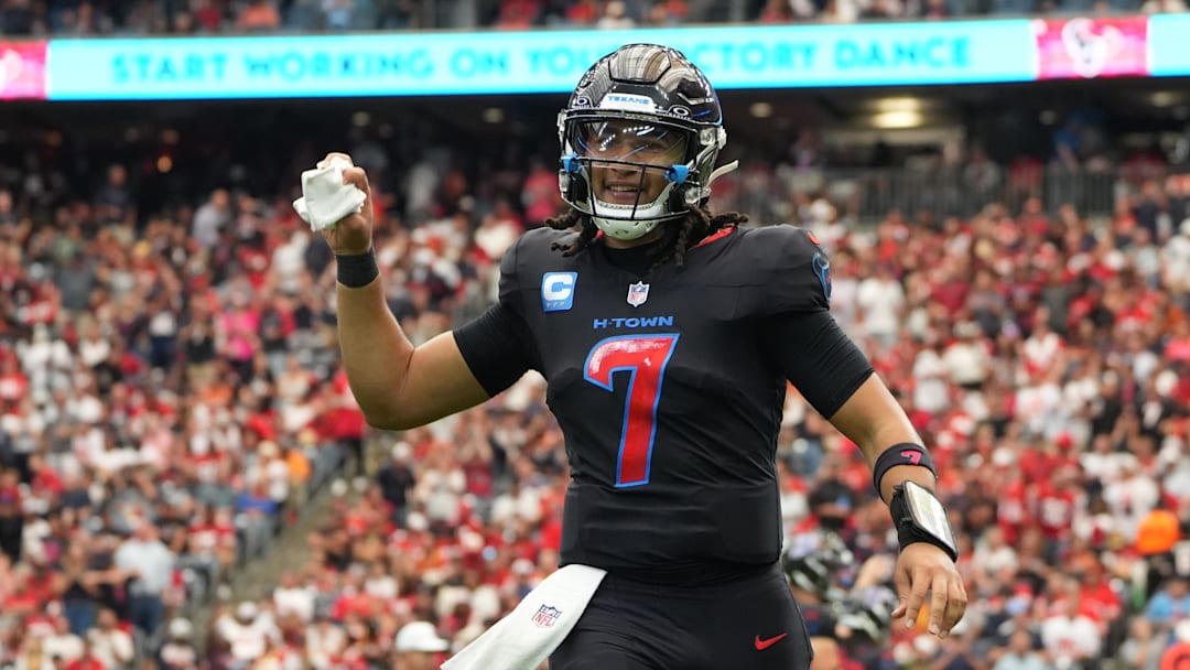 Oct 26, 2025; Houston, Texas, USA; Houston Texans quarterback C.J. Stroud (7) reacts during the second half against the San Francisco 49ers  at NRG Stadium. Mandatory Credit: Sean Thomas-Imagn Images
