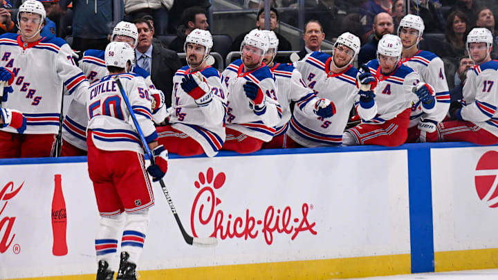 Apr 10, 2025; Elmont, New York, USA;  New York Rangers left wing Will Cuylle (50) celebrates his goal against the New York Islanders during the first period at UBS Arena. Mandatory Credit: Dennis Schneidler-Imagn Images