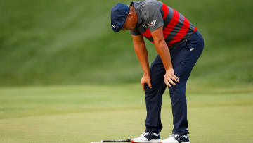 Bryson DeChambeau reacts after missing a putt to fall to Patrick Cantlay at the BMW Championship. Causing a brutal bad beat in a playoff.
