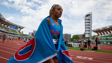 Ole Miss’ McKenzie Long makes a victory lap after the women’s 200 meters on day four of the NCAA Outdoor Track & Field Championships Saturday, June 8, 2024, at Hayward Field in Eugene, Ore.