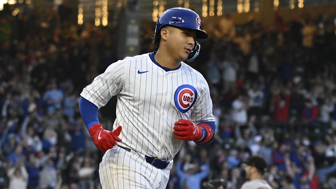 May 6, 2025; Chicago, Illinois, USA;  Chicago Cubs catcher Miguel Amaya (9) runs the bases after he hits a two run home run during the third inning against the San Francisco Giants at Wrigley Field. Mandatory Credit: Matt Marton-Imagn Images