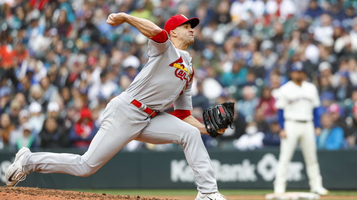 Apr 23, 2023; Seattle, Washington, USA; St. Louis Cardinals starting pitcher Jack Flaherty (22) throws against the Seattle Mariners during the sixth inning at T-Mobile Park. Mandatory Credit: Joe Nicholson-USA TODAY Sports