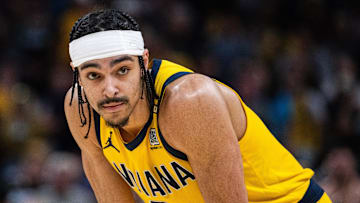Apr 28, 2024; Indianapolis, Indiana, USA;Indiana Pacers guard Andrew Nembhard (2) during game four of the first round for the 2024 NBA playoffs against the Milwaukee Bucks at Gainbridge Fieldhouse. Mandatory Credit: Trevor Ruszkowski-Imagn Images