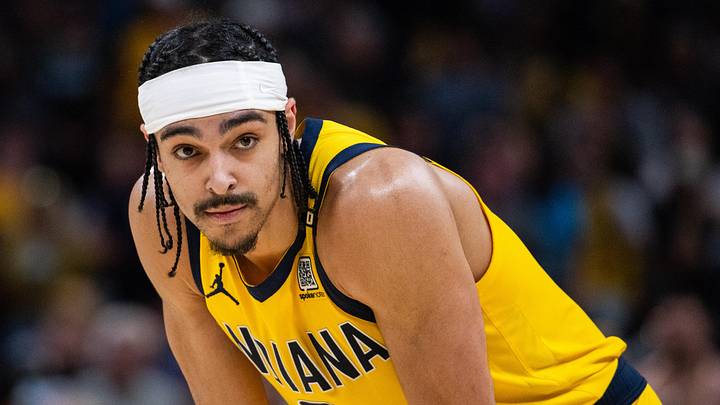 Apr 28, 2024; Indianapolis, Indiana, USA;Indiana Pacers guard Andrew Nembhard (2) during game four of the first round for the 2024 NBA playoffs against the Milwaukee Bucks at Gainbridge Fieldhouse. Mandatory Credit: Trevor Ruszkowski-Imagn Images
