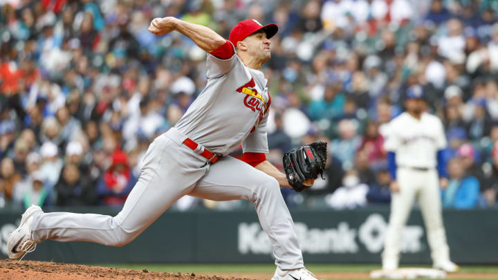 Apr 23, 2023; Seattle, Washington, USA; St. Louis Cardinals starting pitcher Jack Flaherty (22) throws against the Seattle Mariners during the sixth inning at T-Mobile Park. Mandatory Credit: Joe Nicholson-USA TODAY Sports