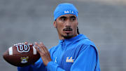 Sep 12, 2025; Pasadena, California, USA;  UCLA Bruins quarterback Nico Iamaleava (9) warms up before the game against the New Mexico Lobos at Rose Bowl. Mandatory Credit: Kiyoshi Mio-Imagn Images