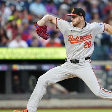 Baltimore Orioles pitcher Trevor Rogers (28) delivers a pitch against the New York Mets during the first inning at Citi Field on Aug 19.