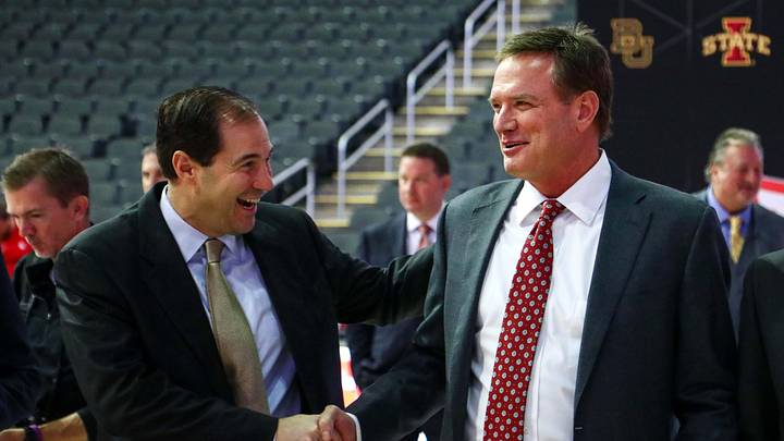 Oct 24, 2018; Kansas City, MO, USA; Kansas Jayhawks head coach Bill Self talks with Baylor Bears head coach Scott Drew during the 2018 Big 12 Men's Basketball Media Day at Sprint Center. Mandatory Credit: Jay Biggerstaff-Imagn Images