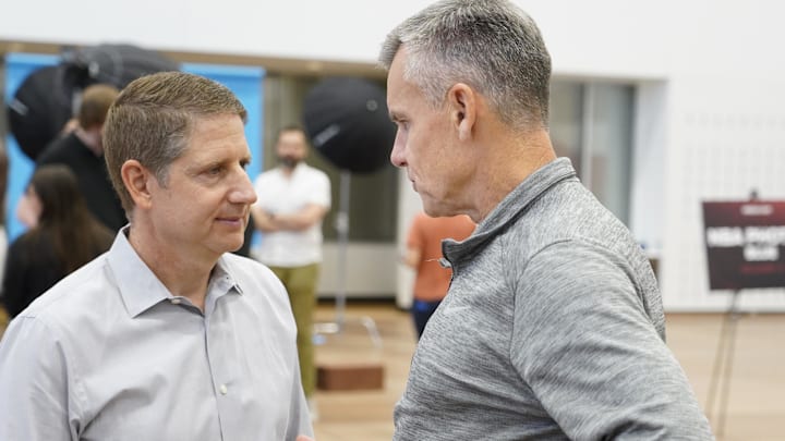 Oct 2, 2023; Chicago, IL, USA; Chicago Bulls head coach Billy Donovan (right) speaks with Bulls president and chief operating officer Michael Reinsdorf during Chicago Bulls Media Day at Advocate Center. Mandatory Credit: David Banks-Imagn Images