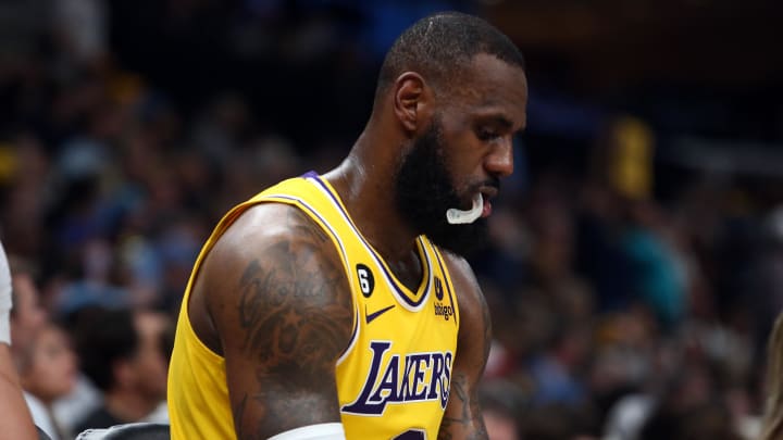 Apr 26, 2023; Memphis, Tennessee, USA; Los Angeles Lakers forward LeBron James (6) sits on the bench during a timeout during the second half against the Memphis Grizzlies during game five of the 2023 NBA playoffs at FedExForum. Mandatory Credit: Petre Thomas-USA TODAY Sports