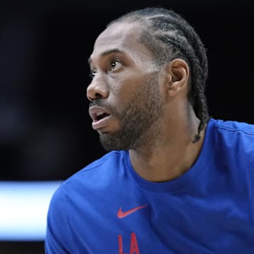 Mar 22, 2024; Portland, Oregon, USA; LA Clippers small forward Kawhi Leonard (2) warms up prior to a game against the Portland Trail Blazers at Moda Center. Mandatory Credit: Soobum Im-Imagn Images