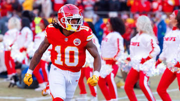 Jan 26, 2025; Kansas City, MO, USA; Kansas City Chiefs running back Isiah Pacheco (10) against the Buffalo Bills in the AFC Championship game at GEHA Field at Arrowhead Stadium. Mandatory Credit: Mark J. Rebilas-Imagn Images