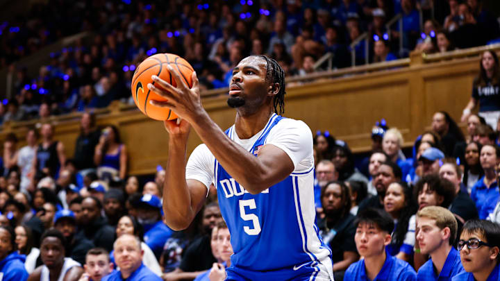 Oct 3, 2025; Durham, NC, USA; Duke Blue Devils guard Sebastian Wilkins (5) shoots a three pointer  during the Countdown to Craziness at the Cameron Indoor Stadium. Mandatory Credit: Jaylynn Nash-Imagn Images