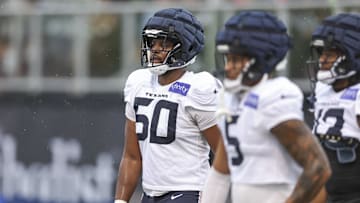 Jul 27, 2024; Houston, TX, USA; Houston Texans defensive end Solomon Byrd (50) during training camp at Houston Methodist Training Center. Mandatory Credit: Troy Taormina-Imagn Images