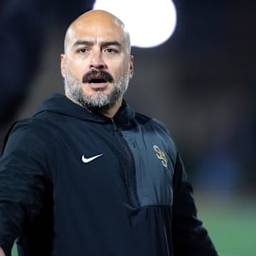 Sand Springs coach Bobby Klinck gestures during the Class 6A-II high school football championship game between Choctaw and Sand Springs at Chad Richison Stadium in Edmond, Okla., Friday, Dec. 5, 2025. Sand Springs won 32-27.