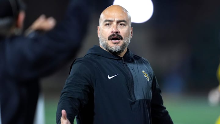 Sand Springs coach Bobby Klinck gestures during the Class 6A-II high school football championship game between Choctaw and Sand Springs at Chad Richison Stadium in Edmond, Okla., Friday, Dec. 5, 2025. Sand Springs won 32-27.