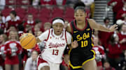 Wisconsin guard Ronnie Porter (13) sprints past USC guard Malia Samuels (10) during the second half of their game Wednesday, February 5, 2025 at the Kohl Center in Madison, Wisconsin.