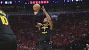 Golden State Warriors guard Buddy Hield shoots the ball in Game 7 against the Houston Rockets.