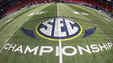 Dec 4, 2021; Atlanta, GA, USA; Detailed view of the SEC Championship logo on the field before the