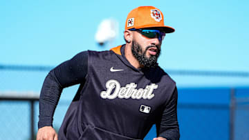 Detroit Tigers infielder Gleyber Torres practices during spring training at TigerTown in Lakeland, Fla. on Monday, Feb. 17, 2025.