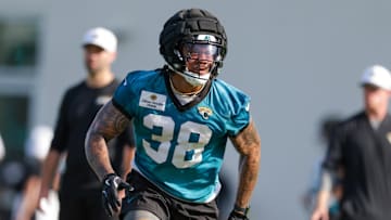 Jul 23, 2025; Jacksonville, FL, USA; Jacksonville Jaguars running back Ja'Quinden Jackson (38) participates in training camp at Miller Electric Center. Mandatory Credit: Nathan Ray Seebeck-Imagn Images