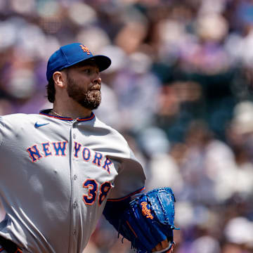 Jun 8, 2025; Denver, Colorado, USA; New York Mets starting pitcher Tylor Megill (38) pitches in the first inning against the Colorado Rockies at Coors Field. Mandatory Credit: Isaiah J. Downing-Imagn Images