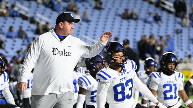 Nov 11, 2023; Chapel Hill, North Carolina, USA; Duke Blue Devils head coach Mike Elko with wide receiver Spencer Jones (83) b