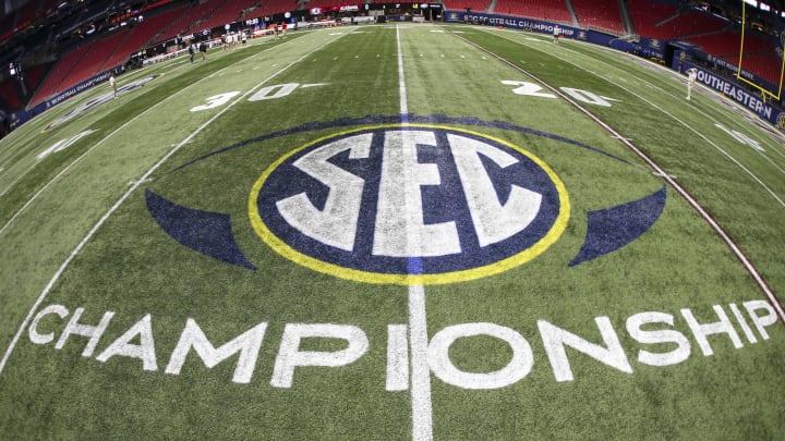 Dec 4, 2021; Atlanta, GA, USA; Detailed view of the SEC Championship logo on the field before the