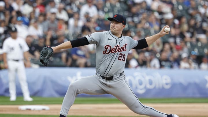 Detroit Tigers starting pitcher Tarik Skubal (29) delivers a pitch against the Chicago White Sox during the first inning at Guaranteed Rate Field on Aug 24.