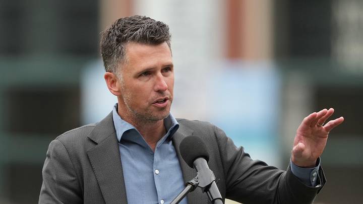 Apr 25, 2026; San Francisco, California, USA; San Francisco Giants president of baseball operations Buster Posey speaks before the game against the Miami Marlins at Oracle Park. Mandatory Credit: Darren Yamashita-Imagn Images