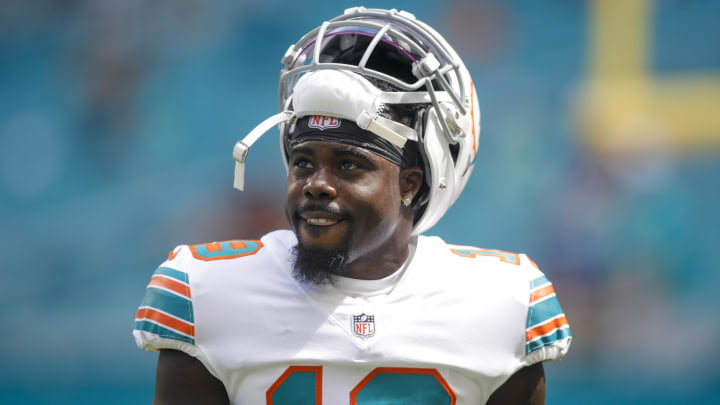 Miami Dolphins wide receiver Jakeem Grant (19) looks on from the field prior the game against the Indianapolis Colts at Hard Rock Stadium in 2021.