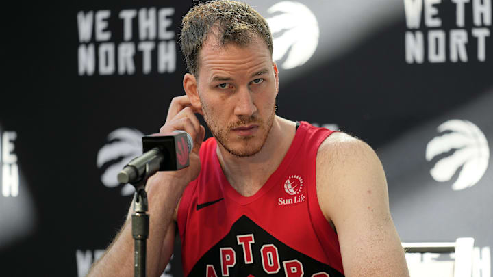Sep 29, 2025; Toronto, Ontario, Canada; Toronto Raptors center Jakob Poeltl (19) listens to a question during the media day press conference at Hotel X. Mandatory Credit: John E. Sokolowski-Imagn Images