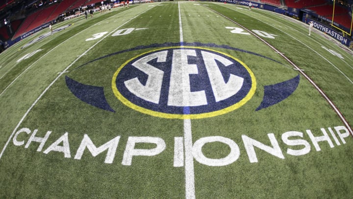 Dec 4, 2021; Atlanta, GA, USA; Detailed view of the SEC Championship logo on the field before the SEC championship game.