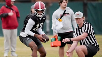 Mar 5, 2025; Tuscaloosa, AL, USA; Quarterback Keelon Russell (12) works a drill during Spring Practice for the Crimson Tide.