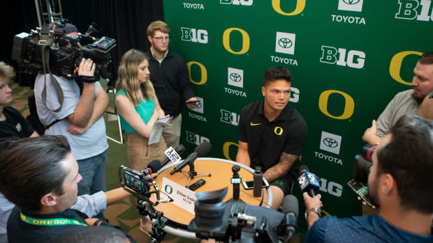 Oregon quarterback Dillon Gabriel speaks during Oregon football’s media day Monday, July 29, 2024 at Autzen Stadium in Eugene