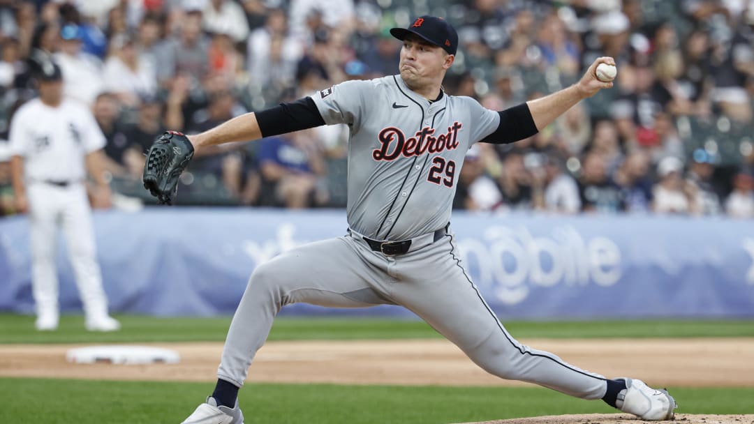 Aug 24, 2024; Chicago, Illinois, USA; Detroit Tigers starting pitcher Tarik Skubal (29) delivers a pitch against the Chicago White Sox during the first inning at Guaranteed Rate Field.