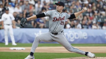 Aug 24, 2024; Chicago, Illinois, USA; Detroit Tigers starting pitcher Tarik Skubal (29) delivers a pitch against the Chicago White Sox during the first inning at Guaranteed Rate Field.