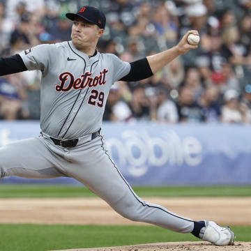 Aug 24, 2024; Chicago, Illinois, USA; Detroit Tigers starting pitcher Tarik Skubal (29) delivers a pitch against the Chicago White Sox during the first inning at Guaranteed Rate Field.