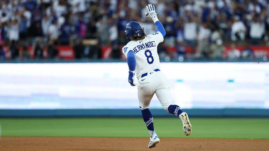 Oct 29, 2025; Los Angeles, California, USA; Los Angeles Dodgers center fielder Enrique Hernández (8) celebrates after hitting a solo home run during the third inning against the Toronto Blue Jays during game five of the 2025 MLB World Series at Dodger Stadium. Mandatory Credit: Kiyoshi Mio-Imagn Images Oct 29, 2025; Los Angeles, California, USA; Los Angeles Dodgers center fielder Enrique Hernández (8) celebrates after hitting a solo home run during the third inning against the Toronto Blue Jays during game five of the 2025 MLB World Series at Dodger Stadium. Mandatory Credit: Kiyoshi Mio-Imagn Images