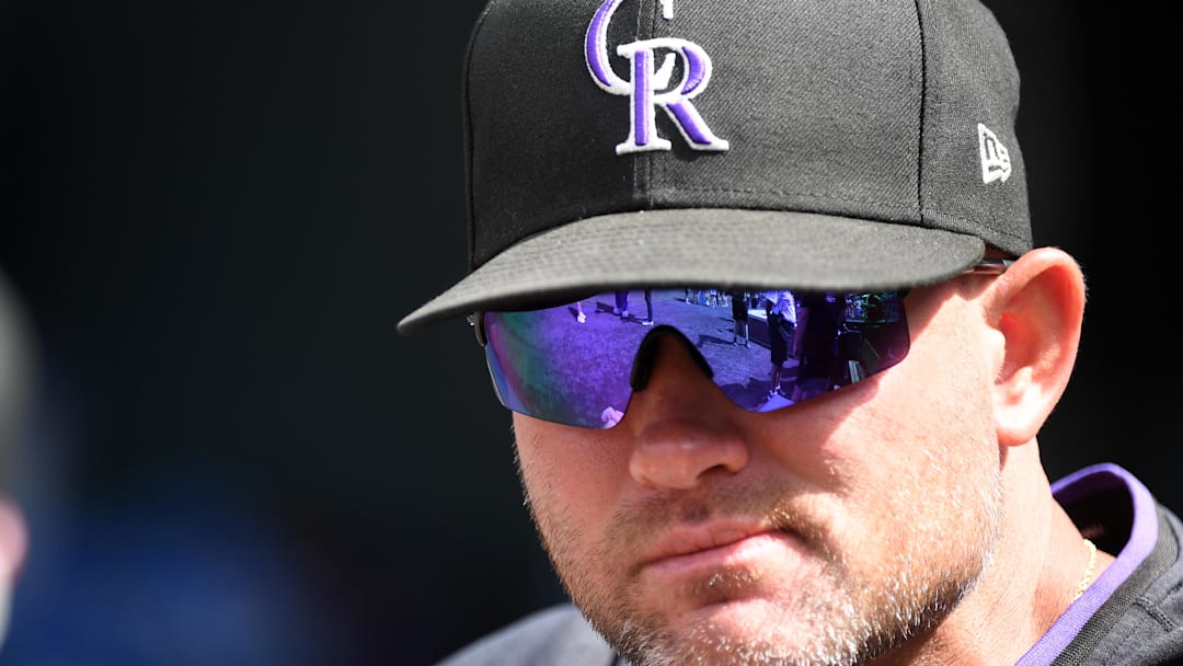Colorado Rockies manager Warren Schaeffer (34) looks on before the game against the San Diego Padres at Coors Field. 
