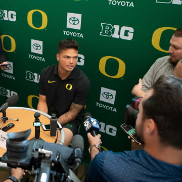 Oregon quarterback Dillon Gabriel speaks during Oregon football’s media day Monday, July 29, 2024 at Autzen Stadium in Eugene, Ore.