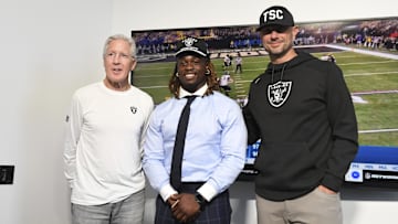 Las Vegas Raiders head coach Pete Carroll and general manager John Spytek introduce Ashton Jeanty after the 2025 NFL Draft