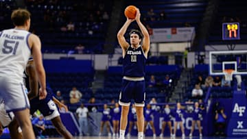 Feb 4, 2025; Colorado Springs, Colorado, USA; Nevada Wolf Pack forward Nick Davidson (11) attempts a shot in the second half against the Air Force Falcons at Clune Arena. Mandatory Credit: Isaiah J. Downing-Imagn Images