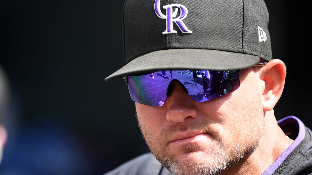Sep 7, 2025; Denver, Colorado, USA; Colorado Rockies interim manager Warren Schaeffer (34) looks on before the game against the San Diego Padres at Coors Field. 