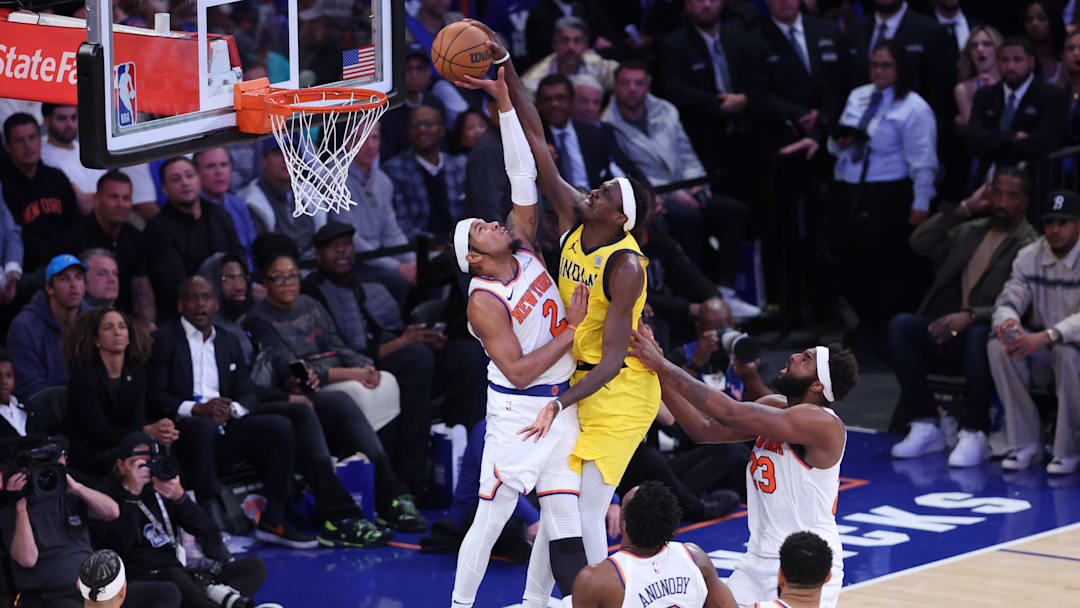 May 21, 2025; New York, New York, USA; Indiana Pacers forward Pascal Siakam (43) shoots against New York Knicks guard Miles McBride (2) in the fourth quarter during game one of the eastern conference finals for the 2025 NBA Playoffs at Madison Square Garden. Mandatory Credit: Wendell Cruz-Imagn Images