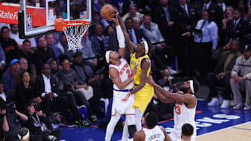 May 21, 2025; New York, New York, USA; Indiana Pacers forward Pascal Siakam (43) shoots against New York Knicks guard Miles McBride (2) in the fourth quarter during game one of the eastern conference finals for the 2025 NBA Playoffs at Madison Square Garden. Mandatory Credit: Wendell Cruz-Imagn Images