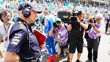 May 4, 2024; Miami Gardens, Florida, USA; Red Bull pioneering engineer and Chief Technical officer Adrian Newey on the grid before the F1 Sprint Race at Miami International Autodrome. Mandatory Credit: John David Mercer-Imagn Images