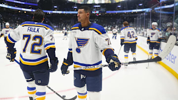 Oct 8, 2024; Seattle, Washington, USA;  St. Louis Blues right wing Mathieu Joseph (71) looks on during warm ups before the game against the Seattle Kraken at Climate Pledge Arena. Mandatory Credit: Caean Couto-Imagn Images